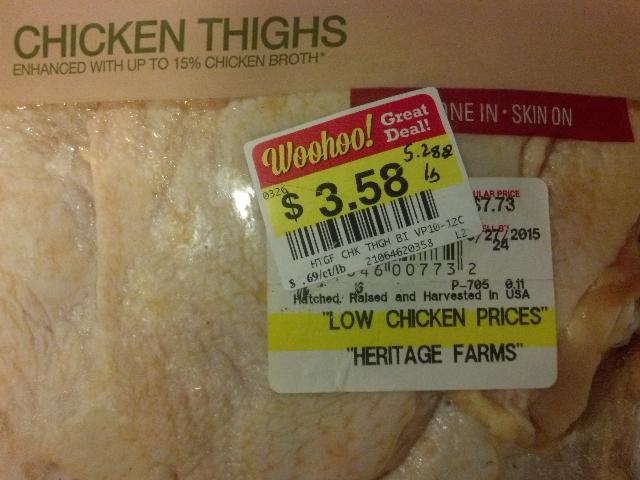 Chicken
    Label showing $3.58 for 5.3 pounds