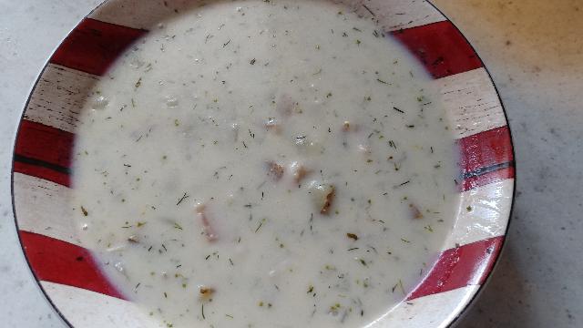 Finished bowl of fish chowder.